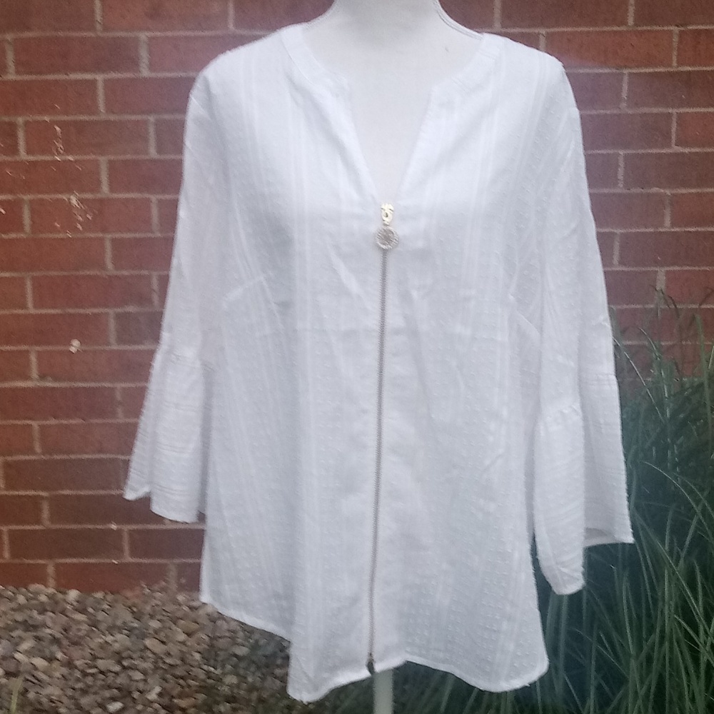 Anne Klein Blouse Womens 1X Gold Front Zip White